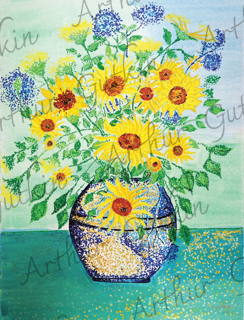 Sunflowers in Bloom Painting | Pointillism Painting | Coastal